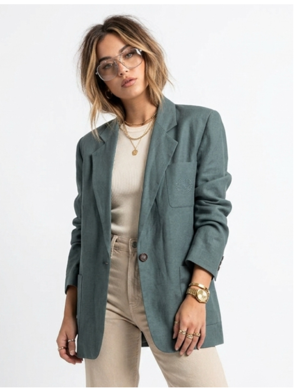 Vintage Linen Blend Oversized Green Single-Button Blazer Jacket trendy chic work